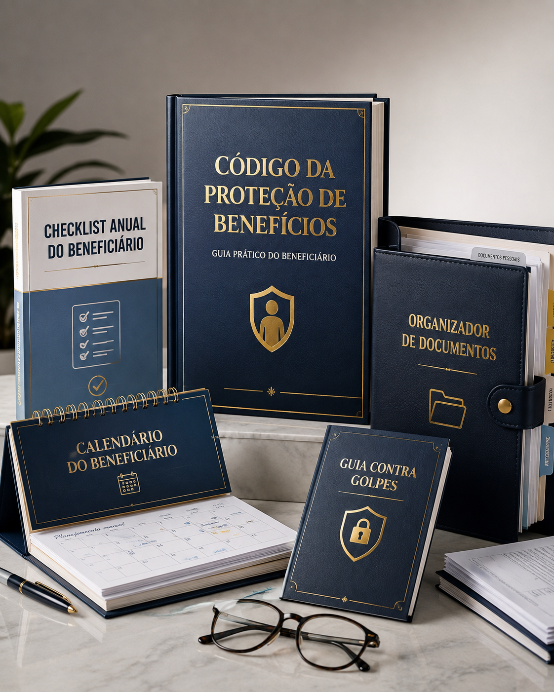 Pacote completo: livro Código da Proteção de Benefícios acompanhado dos 4 bônus — checklist, calendário, organizador de documentos e guia de bolso